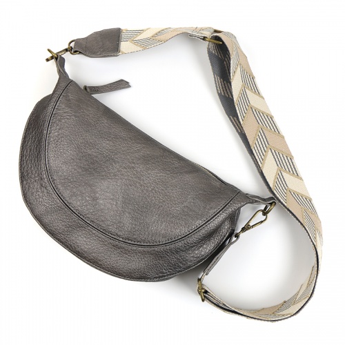 Pewter Vegan Leather Half Moon Bag with Webbing Strap by Peace of Mind